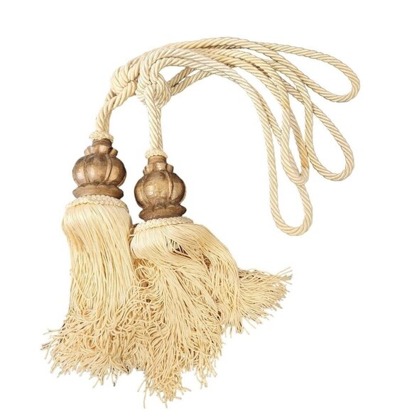 Elegant Beige Curtain Tiebacks With Wooden Crown Bead with Tassel Ends & Rope Lo - Picture 7 of 8